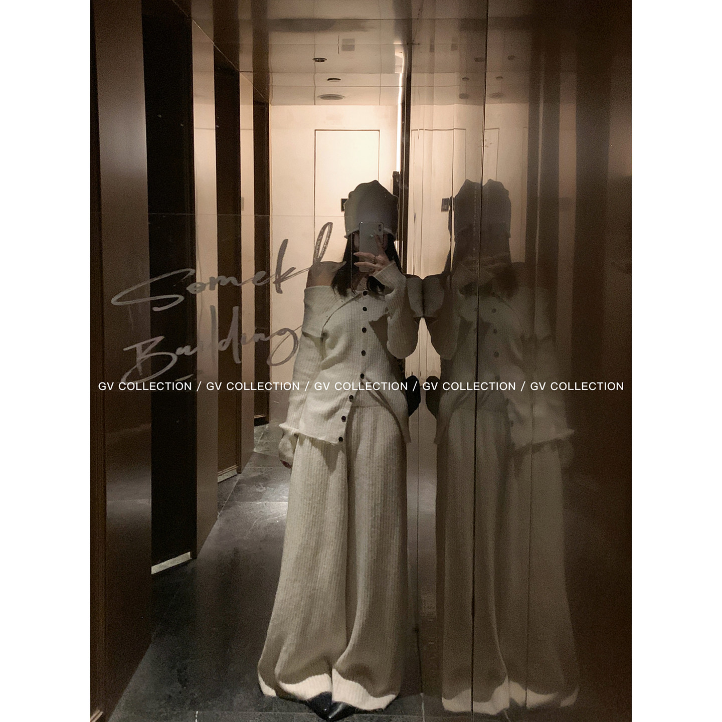 GV大白哥 舒卷私服 纽扣针织一字肩休闲裤套装秋冬新款百搭女,淘宝优惠券,粉丝福利购,淘宝优惠卷