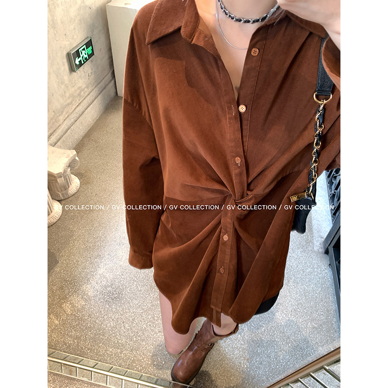 GV大白哥 Spring焦糖 不规则设计感立体纽结衬衫休闲长袖上衣女秋