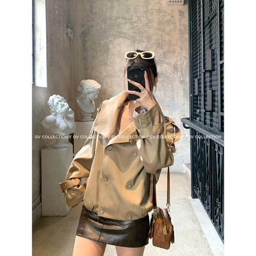 GV大白哥 英伦经典 ac*e立领双排扣短款风衣外套秋季新款女上衣 - 图3