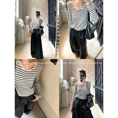 GV大白哥 万搭闭眼入 圆领条纹羊毛针织上衣秋季慵懒高级感穿搭 - 图1