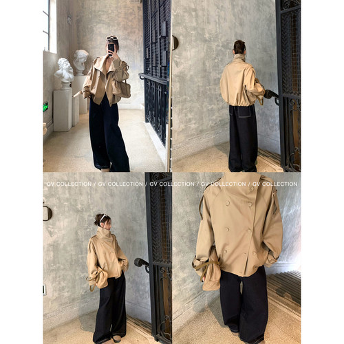 GV大白哥 英伦经典 ac*e立领双排扣短款风衣外套秋季新款女上衣 - 图0