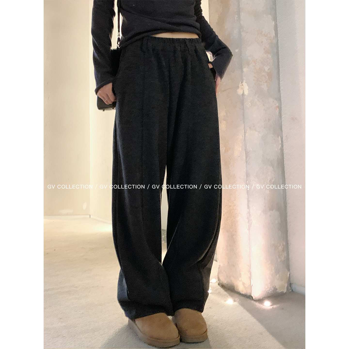 GV大白哥 经典叙事 直筒宽松镰刀松紧腰毛呢休闲裤冬季穿搭裤子女 - 图3