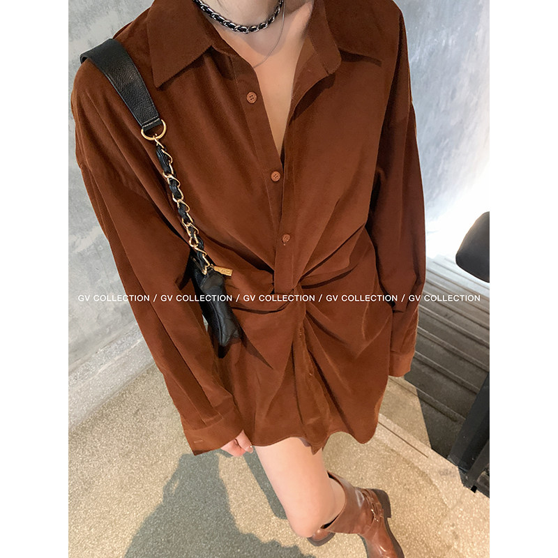 GV大白哥 Spring焦糖 不规则设计感立体纽结衬衫休闲长袖上衣女秋