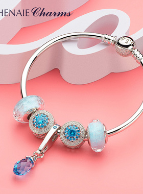 蓝色冷淡风银手镯925琉璃珠搭女