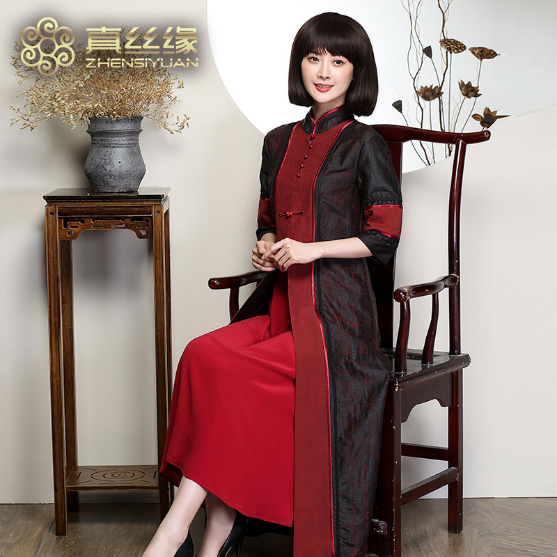 真丝缘春秋香云纱复古长款旗袍外搭套装真丝莨