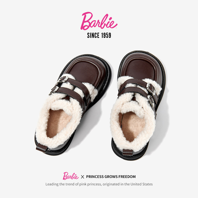 芭比童鞋女童二棉鞋2025新款冬季靴子加绒皮鞋儿童短靴毛毛豆豆鞋,淘宝优惠券,粉丝福利购,淘宝优惠卷