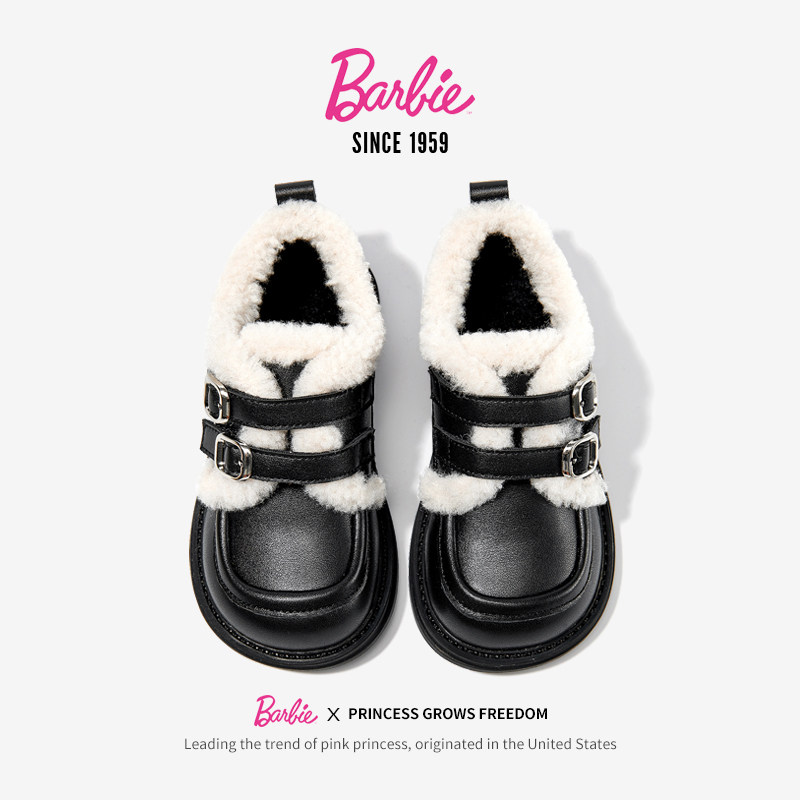 芭比童鞋女童二棉鞋2025新款冬季靴子加绒皮鞋儿童短靴毛毛豆豆鞋,淘宝优惠券,粉丝福利购,淘宝优惠卷