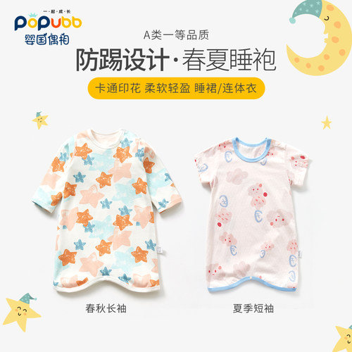宝宝睡衣防踢被儿童睡袍连体夏季短袖纯棉婴儿睡裙家居服长袖春秋 - 图0