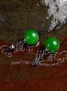 和田色玉耳钉银女碧玉耳环翡翠色耳饰镶嵌玉圆珠耳坠耳饰气质百搭