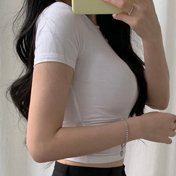 2024 Summer Internet Celebrity New Solid Color Versatile Belly Button Leaking Short T-shirt Women's Short Sleeve Tight Sexy Bottoming Shirt