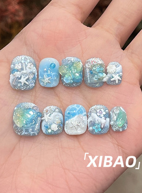 蓝色穿戴甲短款高级感夏天绝美穿戴美甲2026新款手工定制指甲贴片