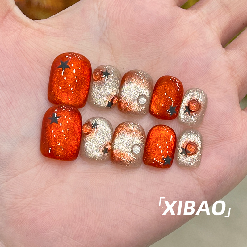 红色穿戴甲短款纯手工猫眼穿戴款美甲春夏高级感2025新款指甲贴片,淘宝优惠券,粉丝福利购,淘宝优惠卷