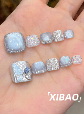 蓝色穿戴甲脚趾甲爆款手工猫眼穿戴美甲2026新款高级感脚指甲贴片