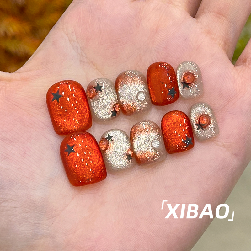 红色穿戴甲短款纯手工猫眼穿戴款美甲春夏高级感2025新款指甲贴片,淘宝优惠券,粉丝福利购,淘宝优惠卷