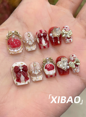 重工穿戴甲2026新款超火羊年穿戴美甲短款高级感手工红色指甲贴片