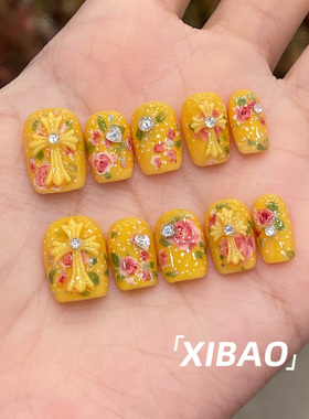 黄色穿戴甲2026新款高级感小众穿戴美甲短款手工显白绝美指甲贴片