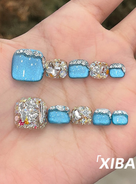 蓝色猫眼美甲穿戴甲脚趾甲2026新款高级感夏天手工绝美脚指甲贴片