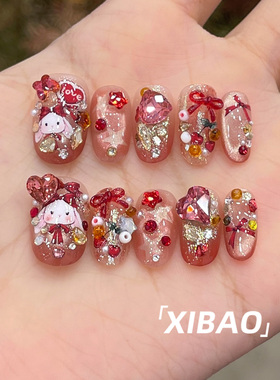 纯手工不掉钻红色可爱穿戴美甲