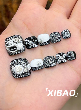 黑色脚趾甲穿戴甲2026新款小香风穿戴美甲高级感纯手工脚指甲贴片