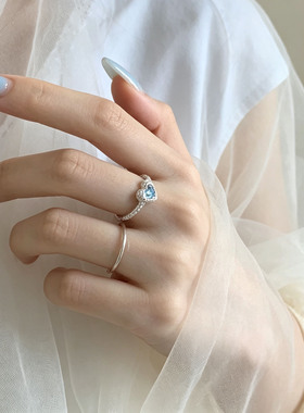 韩国冰蓝爱心锆石戒指女清冷小众高级感开口可调节食指指环配饰潮