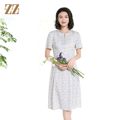 佐尔美高质感甜美减龄碎花时尚气质桑蚕丝短袖连衣裙女M42LS31 - 图1