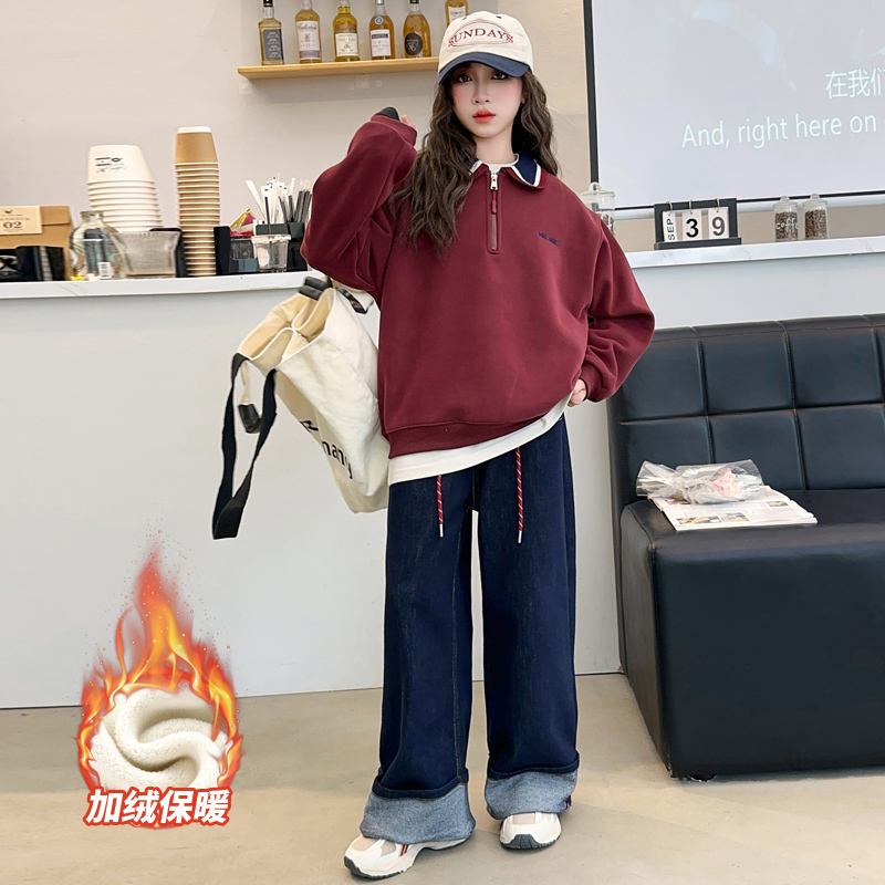 女童秋冬加绒卫衣套装儿童加厚翻领安哥拉红上衣牛仔裤中大童潮搭 - 图0