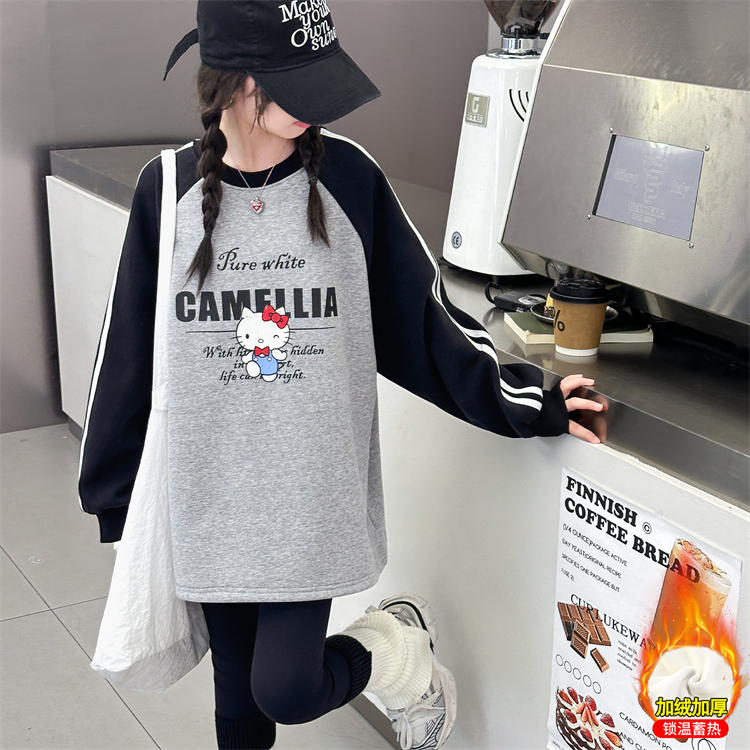 女童秋冬长袖t恤儿童一体绒加绒加厚卫衣裙中大童时髦百搭打底衫 - 图0