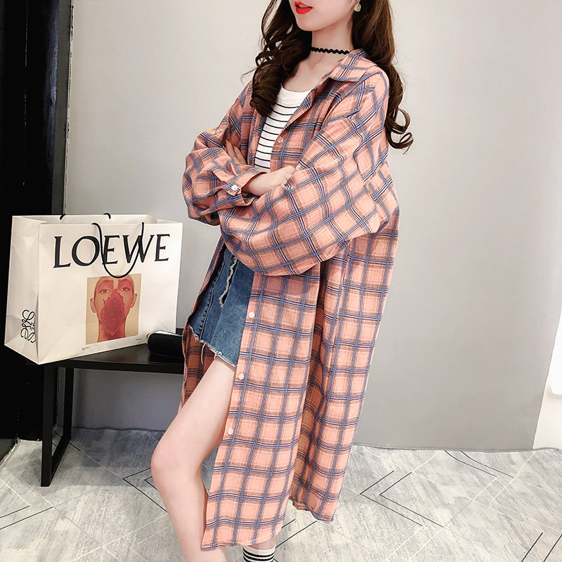 长款中长款防晒格子雪纺新款潮衬衫 仙妃衬衫