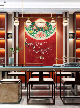 新中式风重彩花纹寓意客厅装饰画