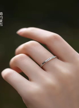 925纯银幸运鱼戒指女复古做旧素圈可调节食指戒小众设计百搭指环