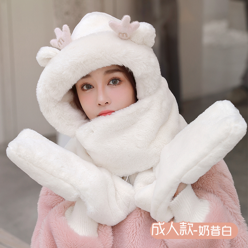型公馆服饰旗舰店可爱小熊帽子保暖围脖围巾一体连帽女秋冬季冬天手套三件套时尚绒2