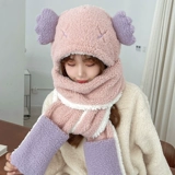 Шапка, шарф, демисезонные перчатки, зимний милый бархатный комплект с капюшоном, с медвежатами, 3 предмета, плюшевая