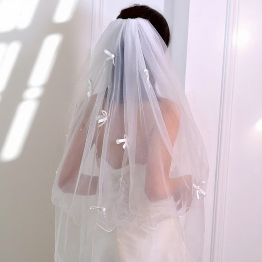 白色头纱头饰领证求婚拍照道具新娘结婚订婚登记主婚纱女蓬蓬小短