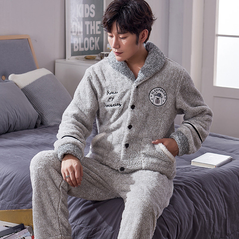 男士冬季珊瑚绒加绒青少年款天睡衣 国货服饰睡衣/家居服套装