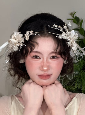 韩式新娘结婚头饰超仙布艺花朵蝴蝶结飘带发箍婚纱礼服造型配饰