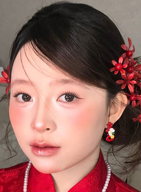 复古高级感红色花朵发夹新娘头饰古风汉服簪花发饰气质
