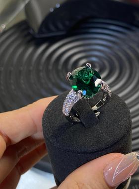 豪华镶嵌925纯银镀18K金女款冰花切祖母绿鸽子蛋戒指女开口可调节
