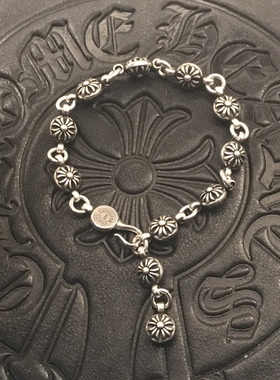 泰银做旧复古十字花球手链男女欧美嘻哈个性小众霸气时尚饰品礼物