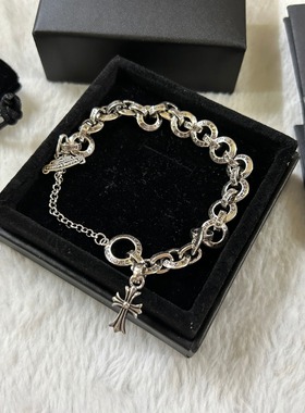 做旧泰银复古男士手链轻奢小众时尚个性欧美霸气手镯潮银饰礼物