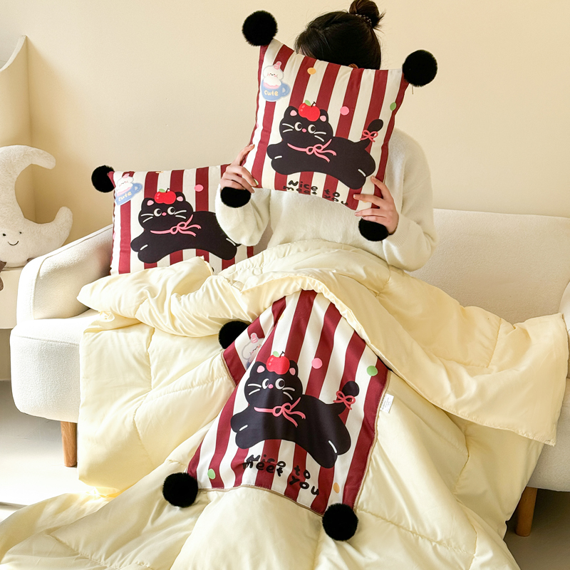 可爱卡通毛球抱枕被子两用办公室午睡毯空调被车载枕头靠二合一夏 - 图0