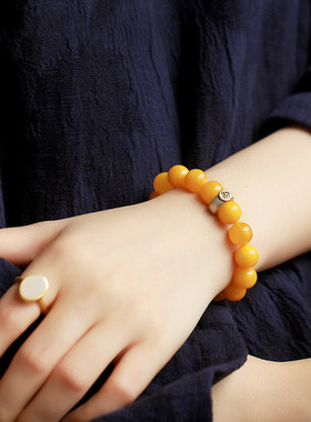 蛇年热销海鸡油黄蜜蜡圆珠单圈手链DIY原创手工搭配S925银简约