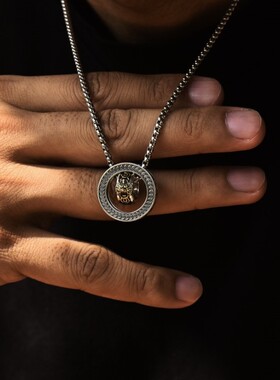 新款国潮复古貔貅双圆环吊坠男生高级感纳福招财寓意项链礼物配饰