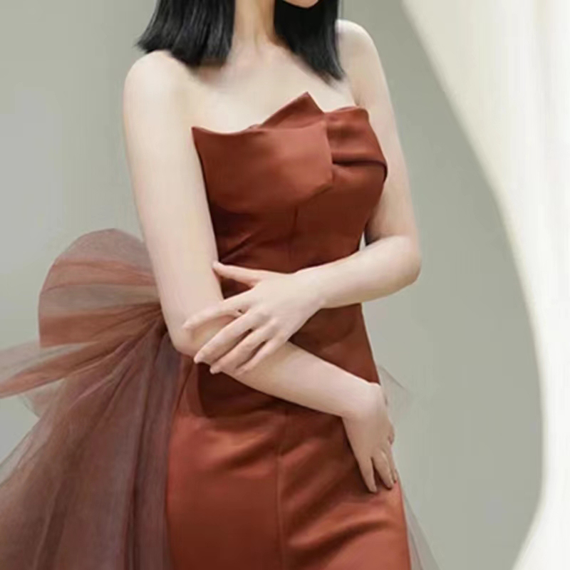 Evening dress, advanced tube top for bride with bow, high-quality style Evening dress, advanced tube top for bride with bow, high-quality style