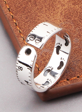 s925纯银饰品尺子脚印开口戒指 日韩复古小众ins学生简约男女指环