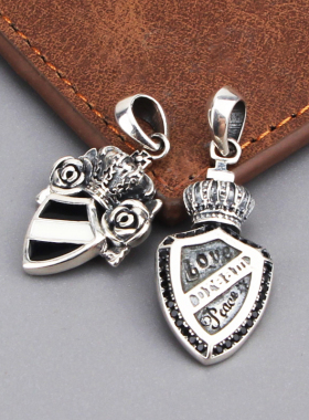 男女纯银镶钻皇冠盾牌吊坠