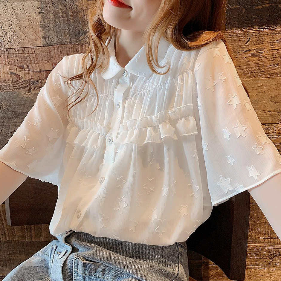 遮肚子雪纺衫2020夏季新款短袖衬衫 冯陈陈女装蕾丝衫/雪纺衫