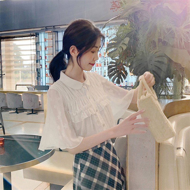 遮肚子雪纺衫2020夏季新款短袖衬衫 冯陈陈女装蕾丝衫/雪纺衫