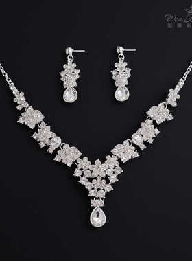 新款蓝色水滴钻合金花朵项链