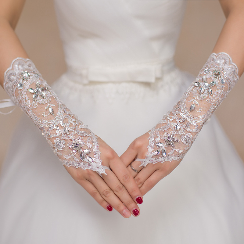 新款中长款蕾丝花边绑带手套新娘结婚婚纱礼服配饰品勾指珠片手套