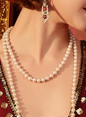 长款百搭仿珍珠舞台饰品婚礼新娘项链宴会派对首饰COS造型配饰